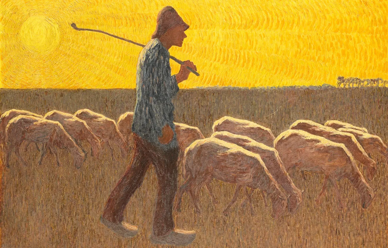 Photo wallpaper animal, oil, picture, canvas, 1945, Cornelis Albert van Assendelft, Shepherd with Sheep