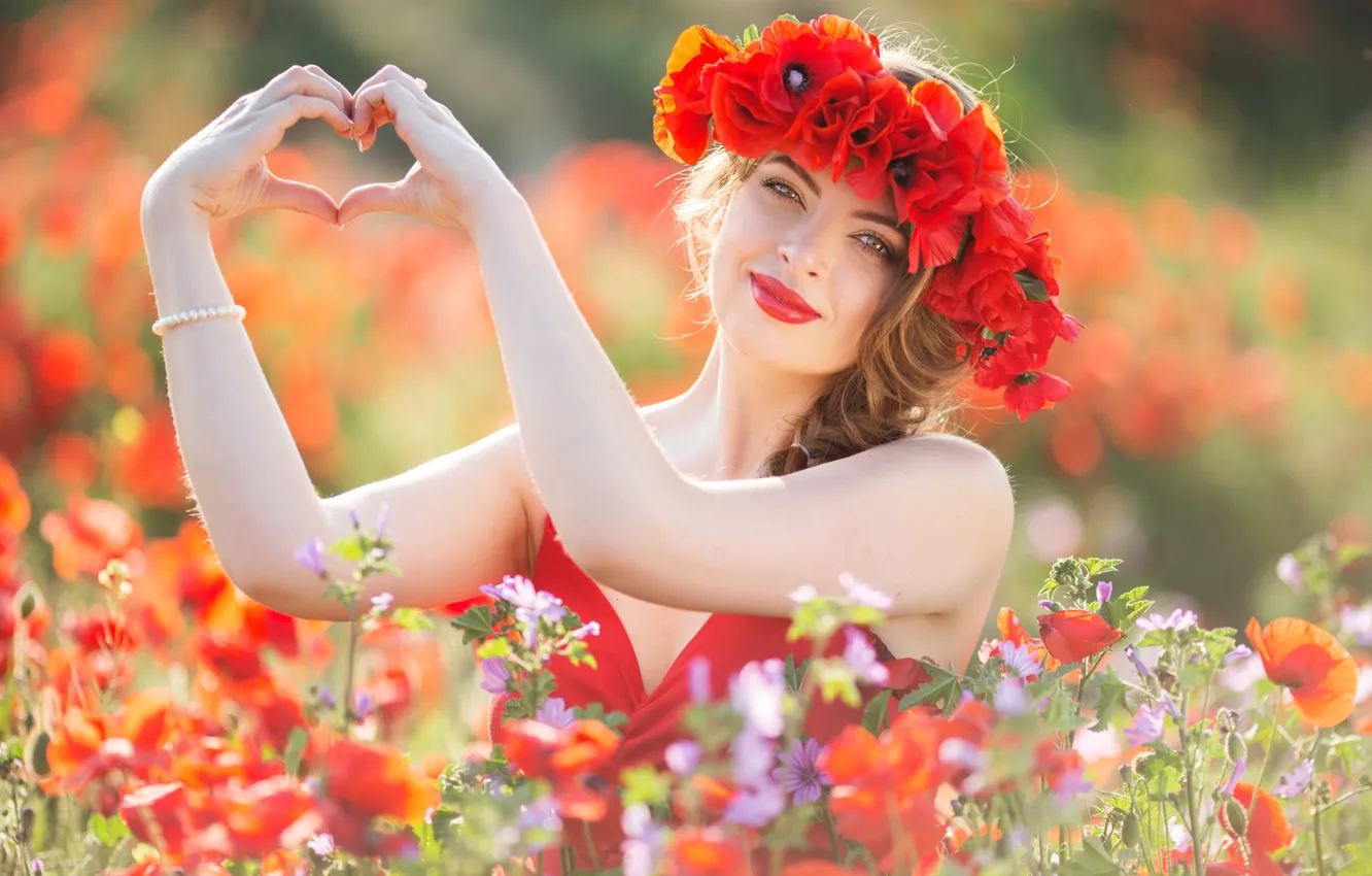 Photo wallpaper girl, flowers, mood, heart, Maki, hands, meadow, wreath