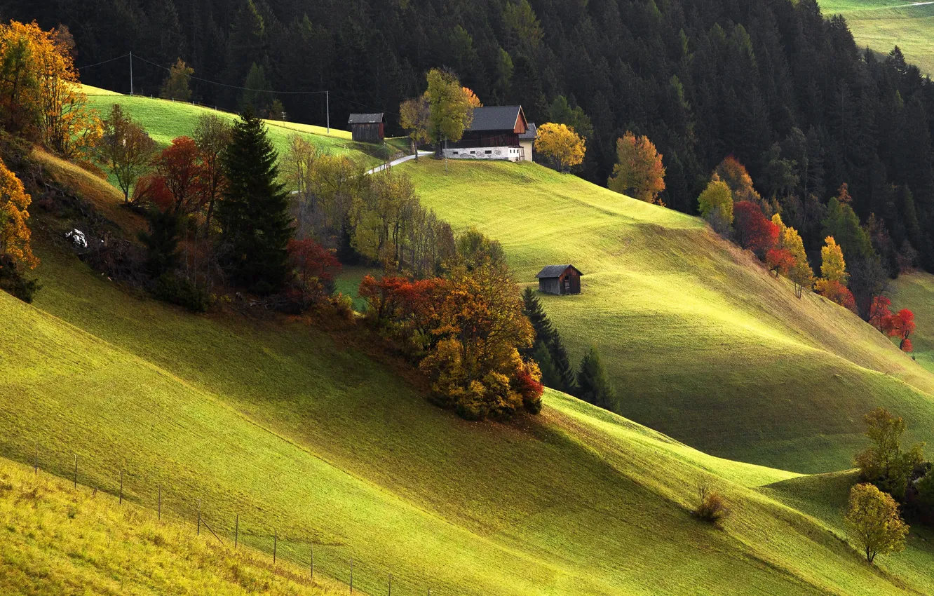 Photo wallpaper autumn, house, slope, Italy, The Dolomites