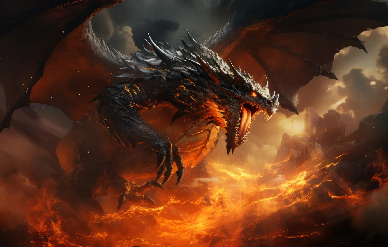 Photo wallpaper lights, dragon, wings, grin, digital art, AI art, The Art of Artificial Intelligence, neural network