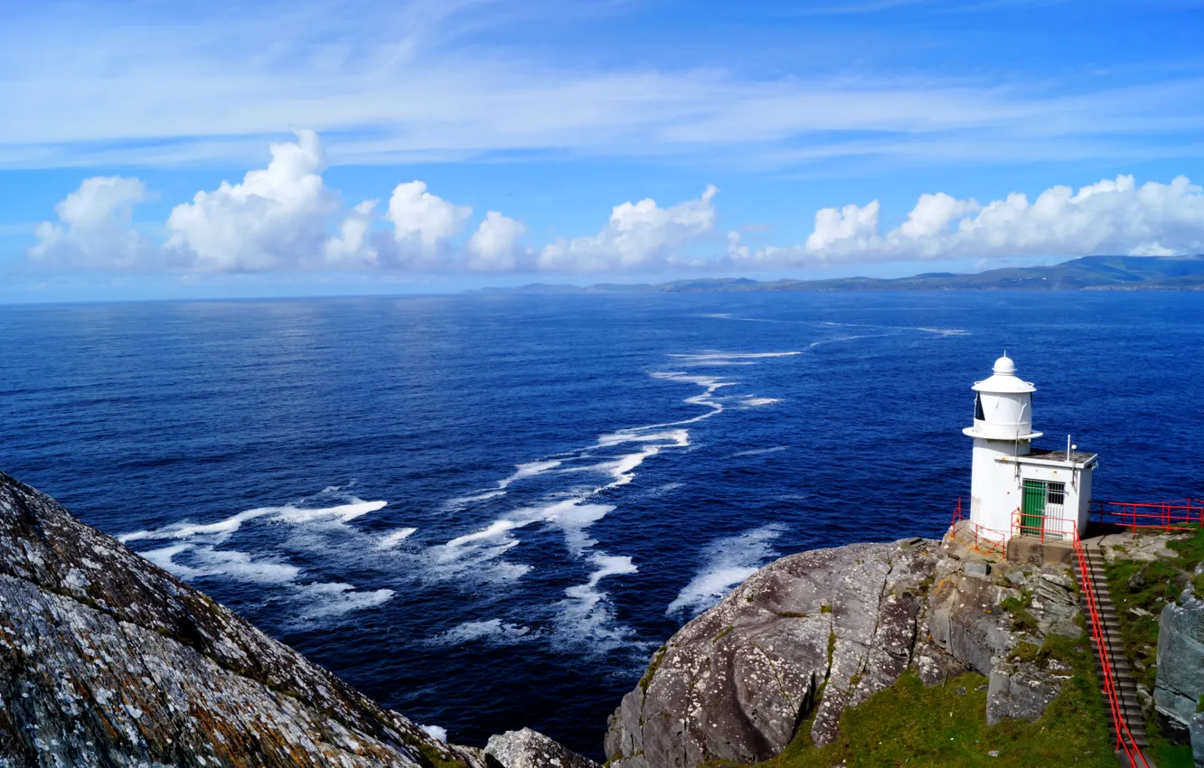 Photo wallpaper wave, clouds, lighthouse, Ireland, Cape, Atlantic