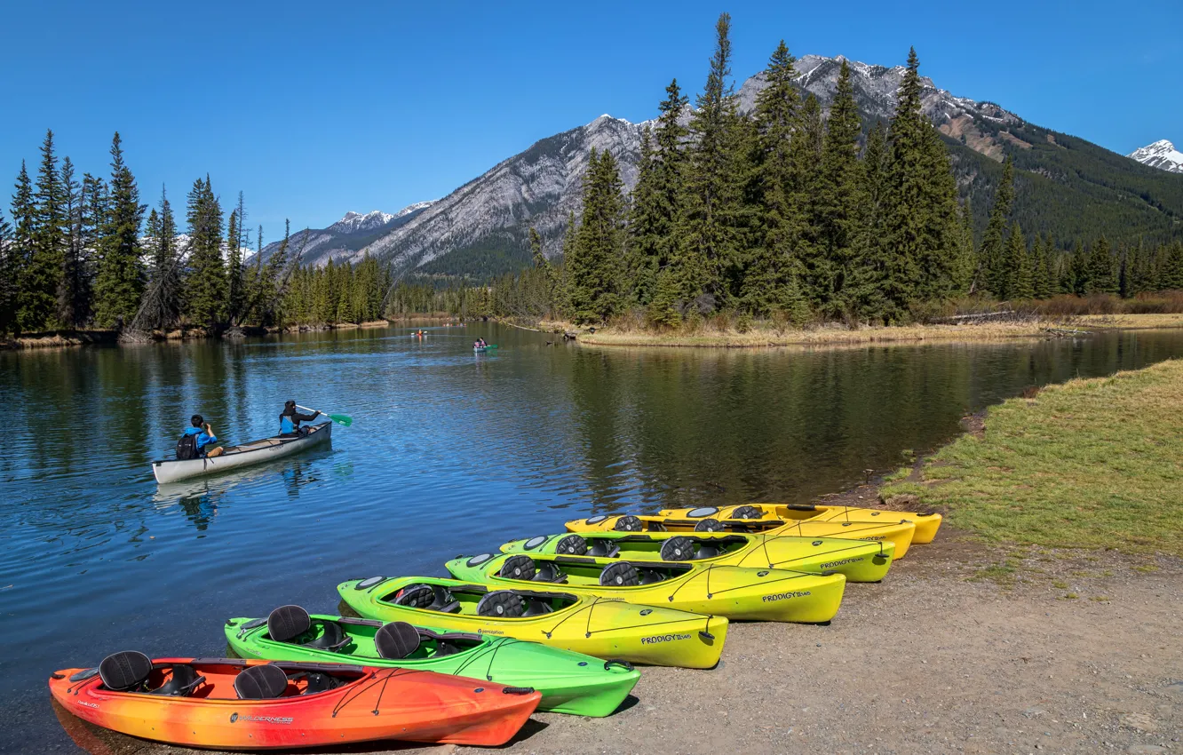 Photo wallpaper forest, trees, mountains, river, boats, Canada, Albert, Banff National Park