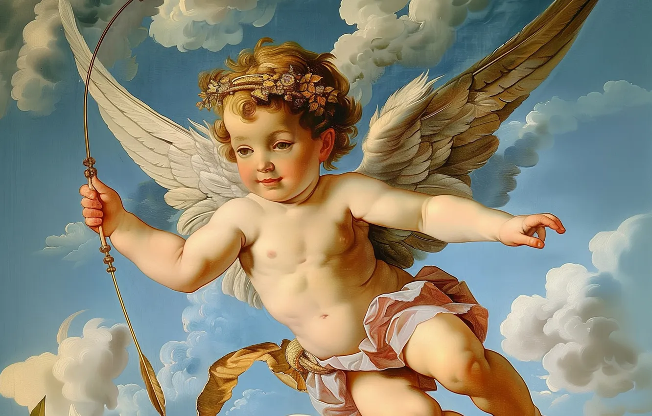 Photo wallpaper clouds, Cupid, wings, boy, arrows, Cupid, digital art, AI art