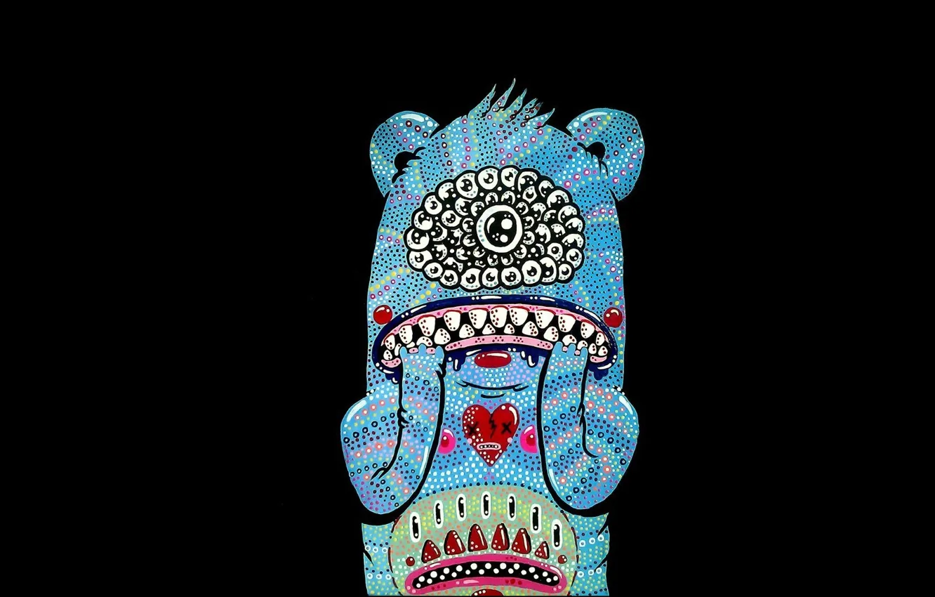 Photo wallpaper face, monster, teeth, being, mouth, alien, black background, many eyes