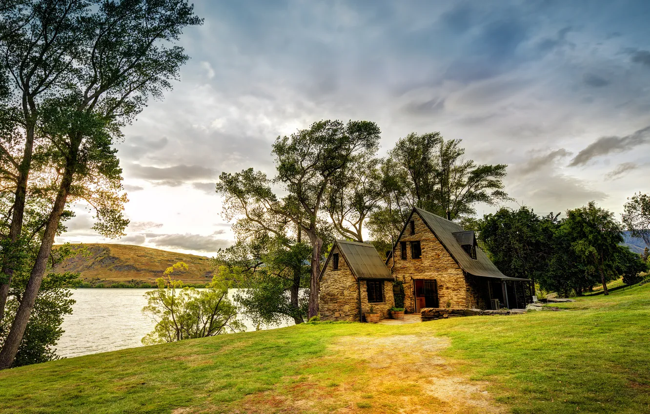 Photo wallpaper the sky, clouds, trees, landscape, nature, river, home, trail