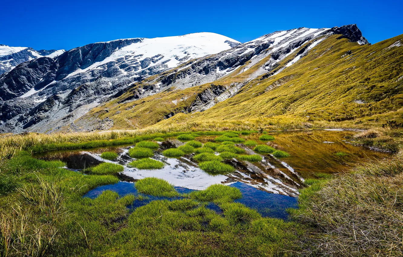 Photo wallpaper snow, landscape, mountains, nature, lake, New Zealand