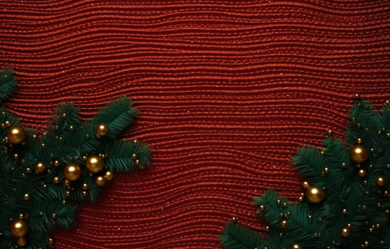 Photo wallpaper balls, branches, new year, texture, Christmas, gold, needles, red background