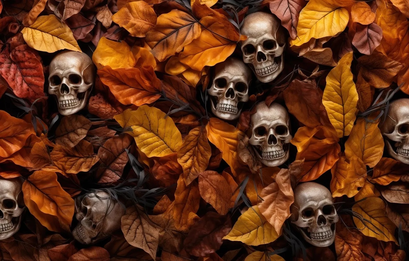 Photo wallpaper autumn, leaves, background, skull, colorful, sake, background, autumn