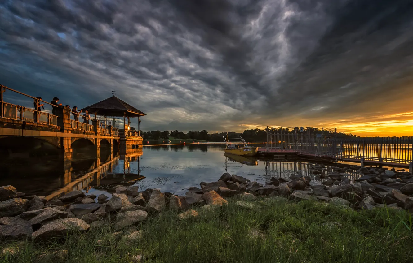 Photo wallpaper clouds, lake, pier, pierce
