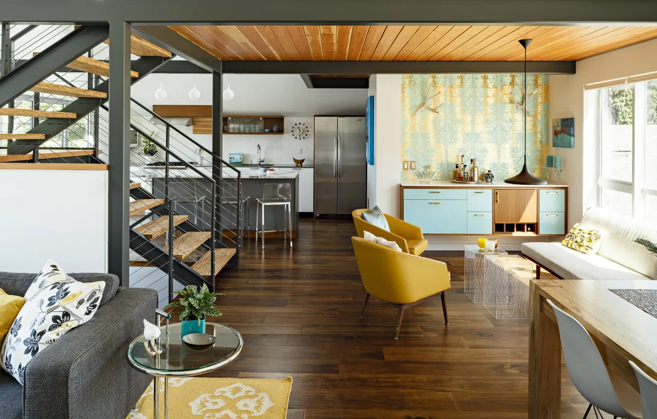 Photo wallpaper design, interior, kitchen, Seattle, retro style, living room, dining room, Seattle