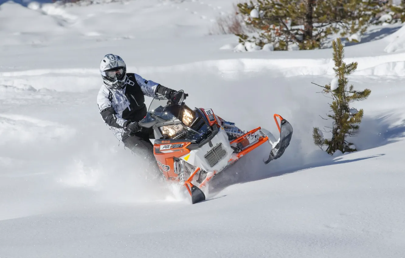 Photo wallpaper snow, orange, snow, snowmobile, Polaris, snowmobile, Polaris