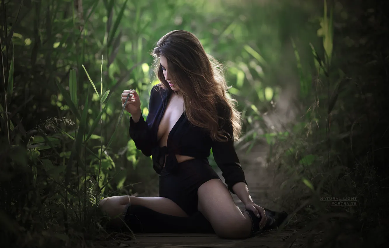 Photo wallpaper green, girl, grass, cleavage, shorts, blouse, long hair, legs