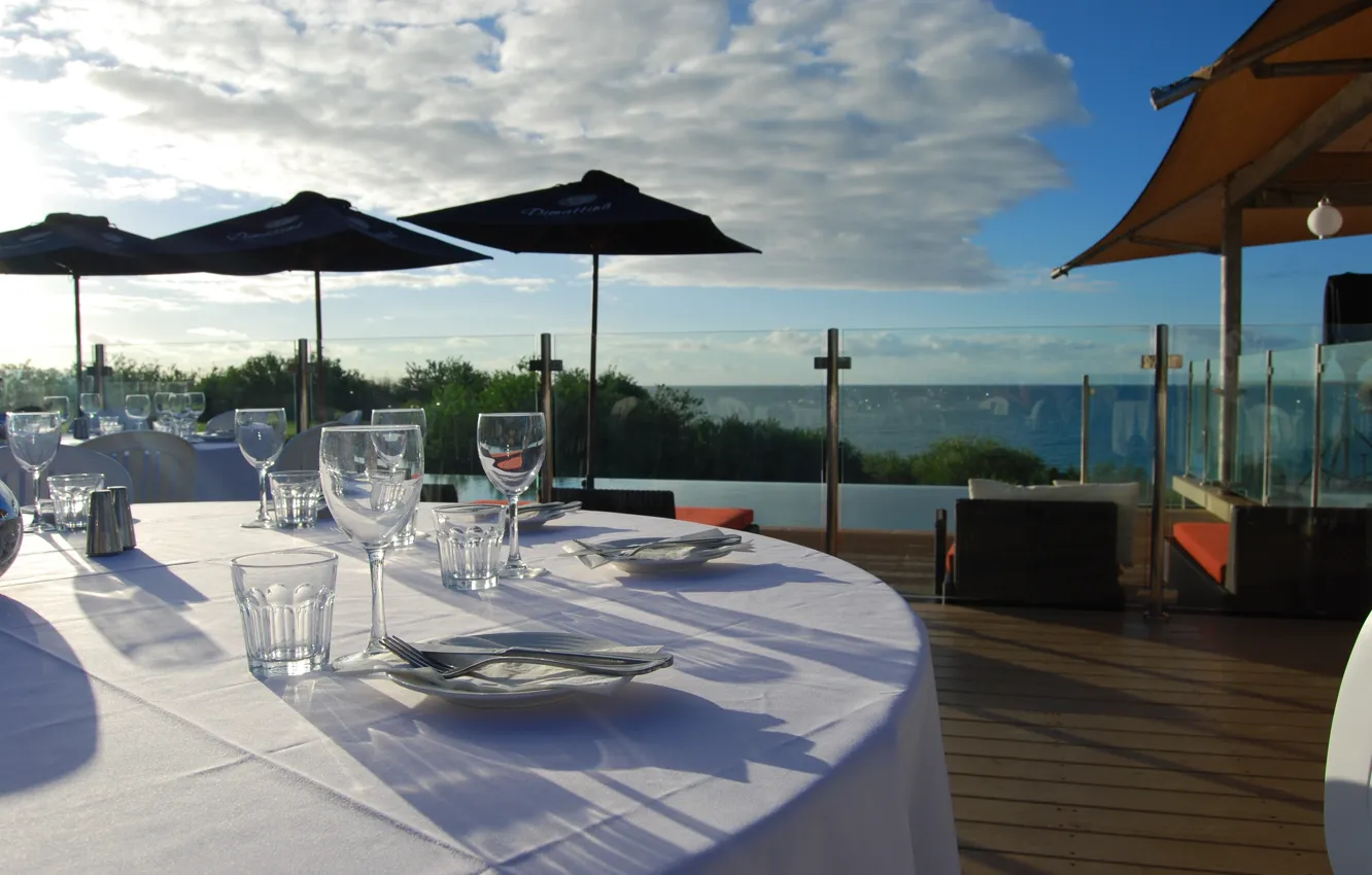 Photo wallpaper Villa, restaurant, resort, terrace, terrace, restaurant, lounge zone, stunning view of the blue sea