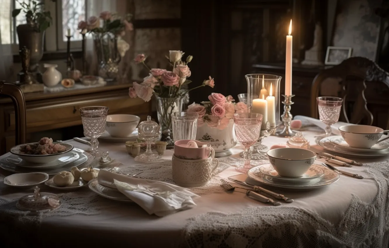 Photo wallpaper table, room, holiday, roses, candles, dishes, AI art, neural network