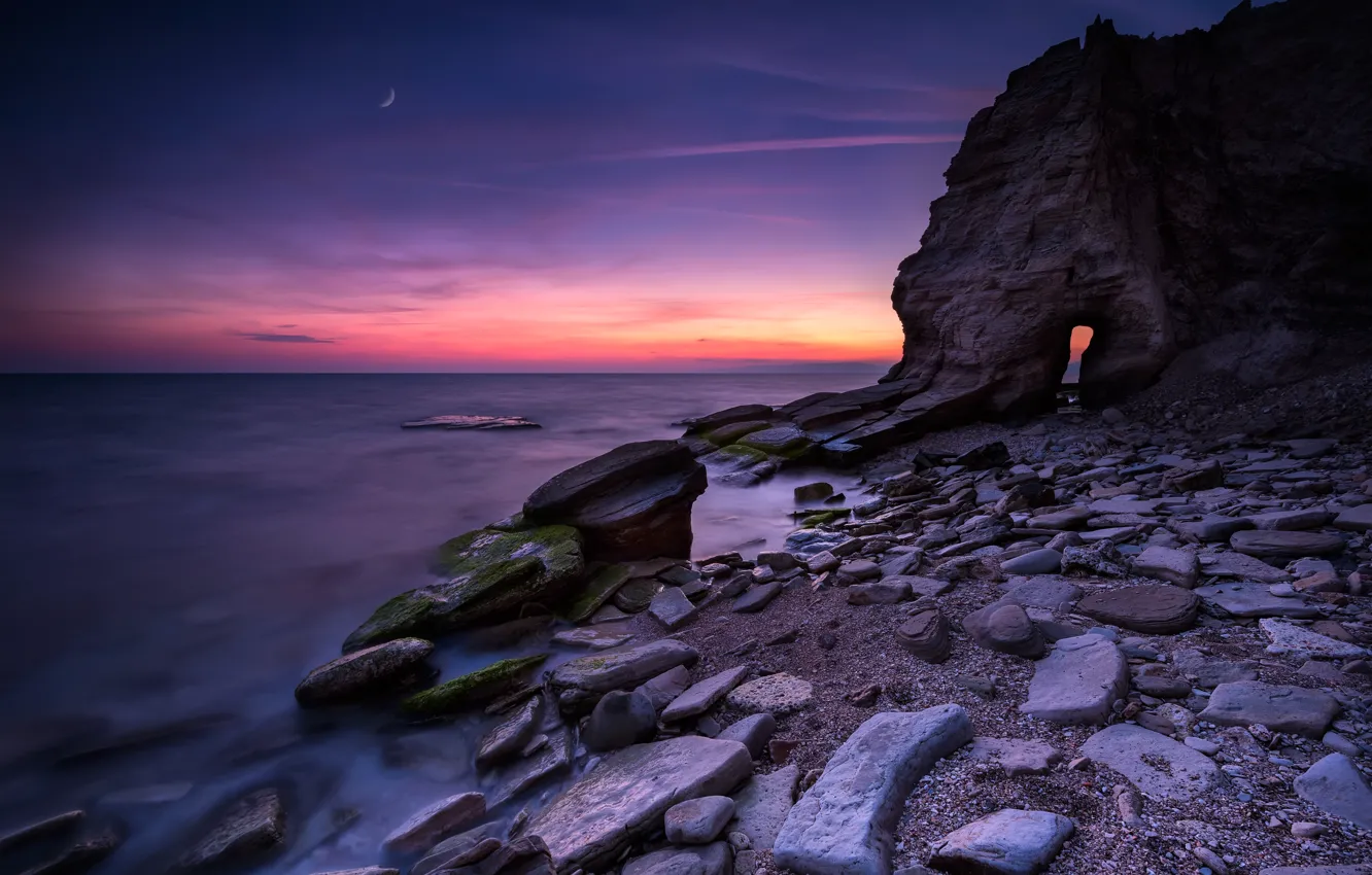 Photo wallpaper sea, beach, landscape, sunset, nature, sunrise, stones, rocks