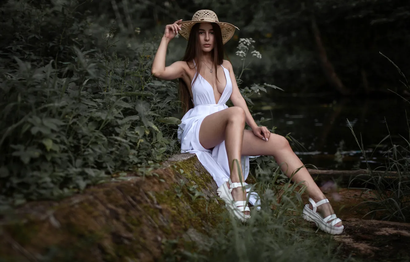 Photo wallpaper forest, grass, water, trees, pose, model, portrait, hat