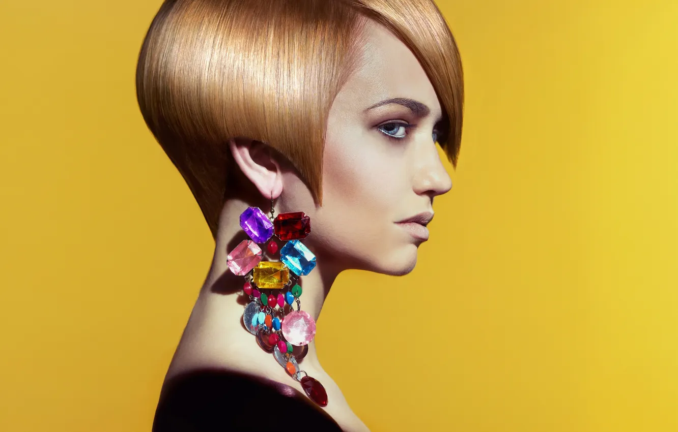 Photo wallpaper look, girl, haircut, earrings, makeup, profile, decoration, yellow background