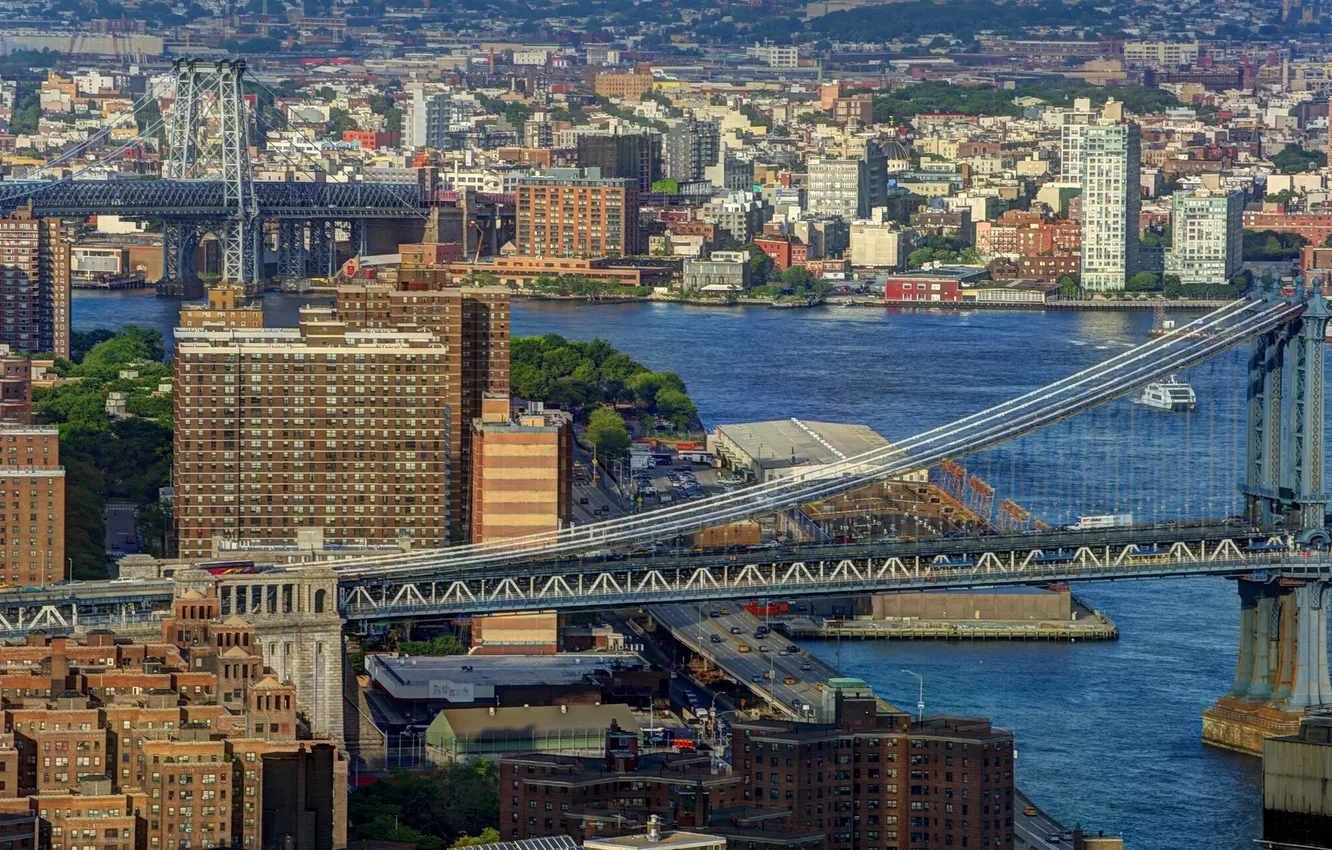Photo wallpaper building, New York, panorama, bridges, New York City, Manhattan Bridge, Manhattan bridge, East River