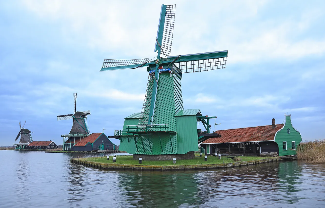 Photo wallpaper water, channel, Netherlands, windmill