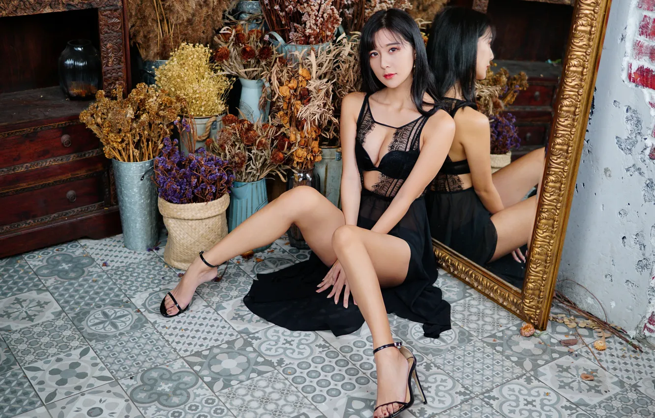 Photo wallpaper look, girl, dress, mirror, legs, Asian