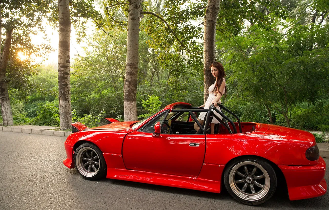 Photo wallpaper look, girl, Asian, beautiful girl, red car, Mazda MX5, posing in the car