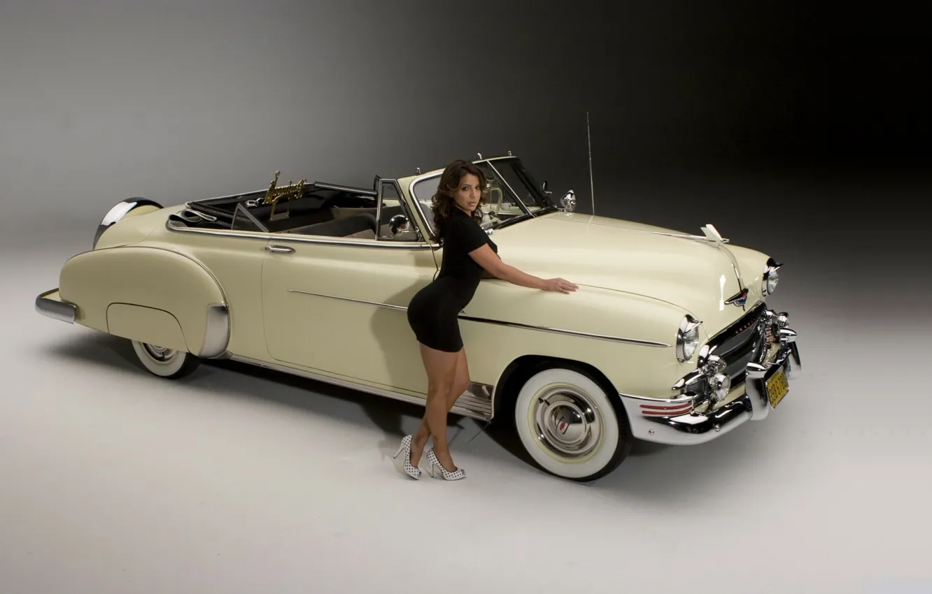 Photo wallpaper girl, brunette, convertible, beautiful girl, looking at the camera, leaning on the car, have bulge …