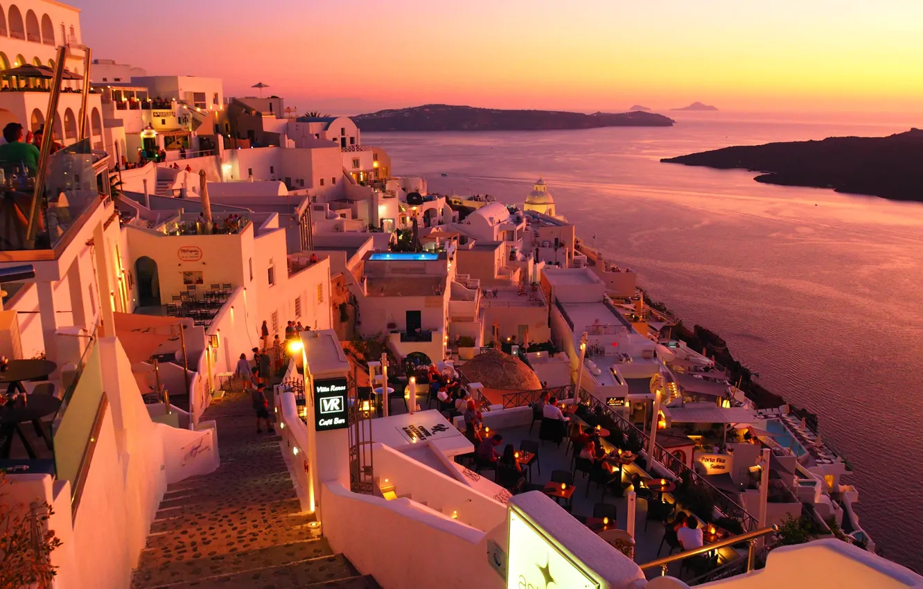 Photo wallpaper sea, landscape, sunset, the city, home, Santorini, Greece