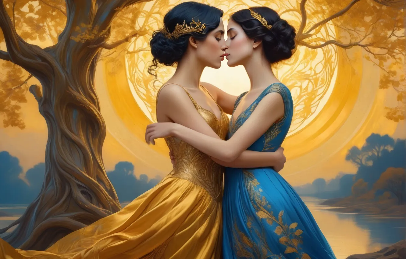 Photo wallpaper girl, the sun, light, decoration, trees, love, sunset, branches