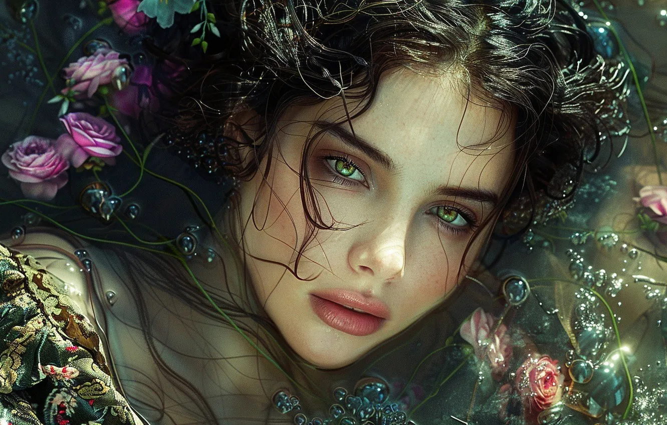 Photo wallpaper look, water, girl, light, flowers, bubbles, face, fantasy