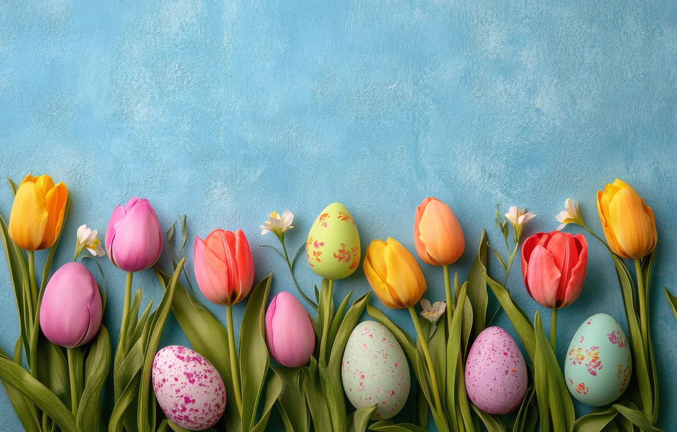 Photo wallpaper flowers, yellow, holiday, eggs, spring, Easter, tulips, pink