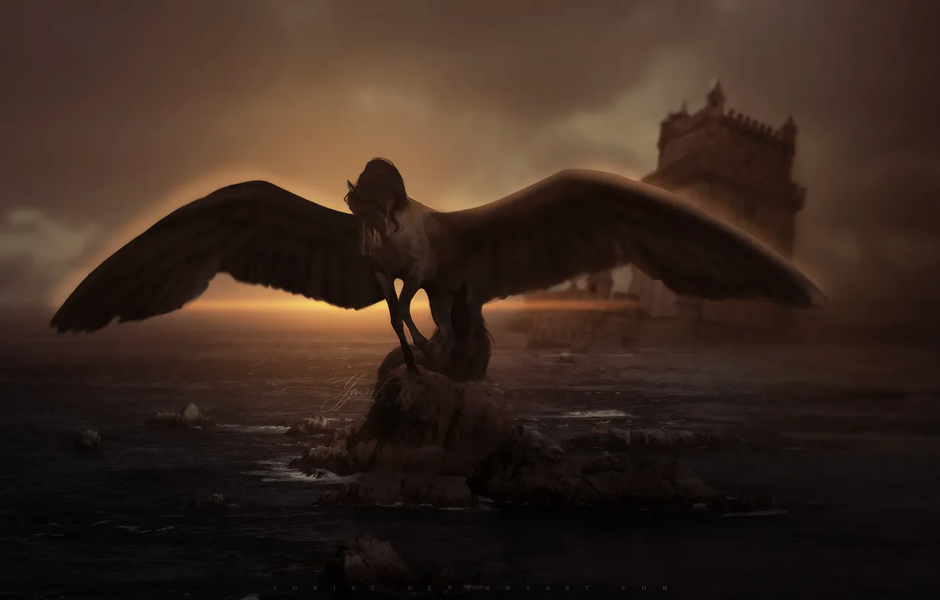 Photo wallpaper castle, horse, wings, fortress, Pegasus