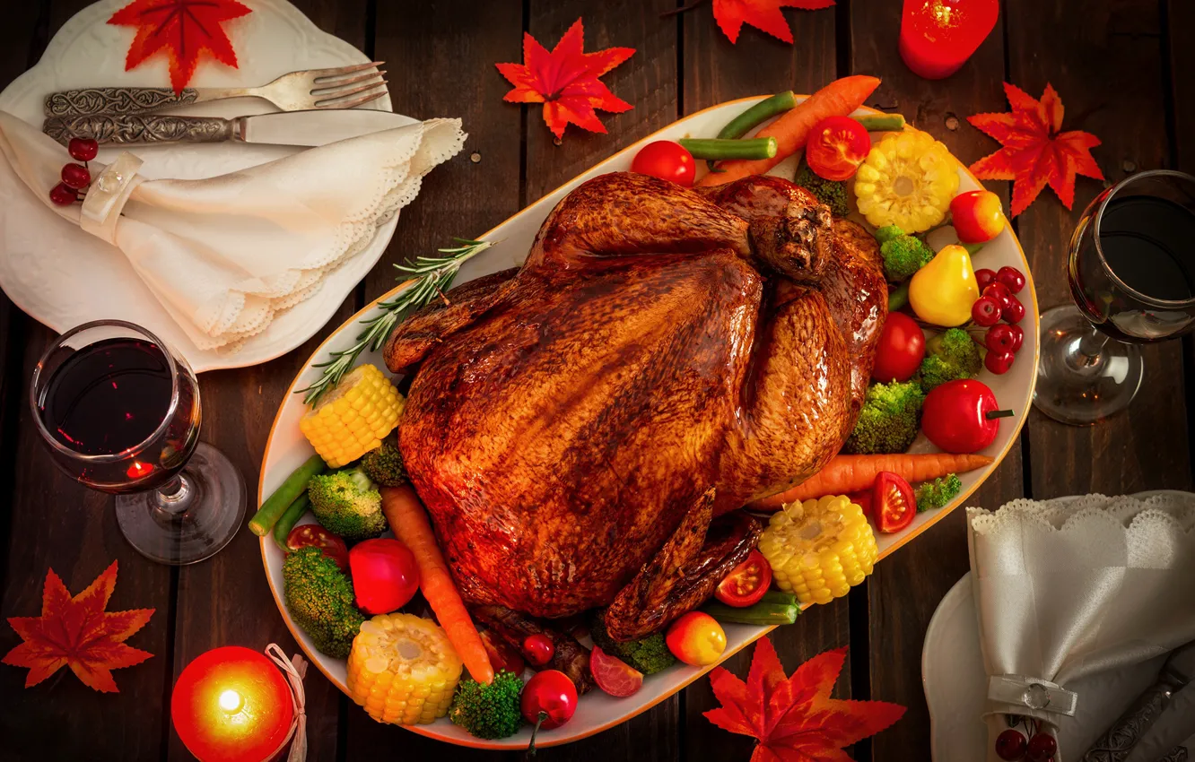 Photo wallpaper candles, vegetables, wine, chicken, dish