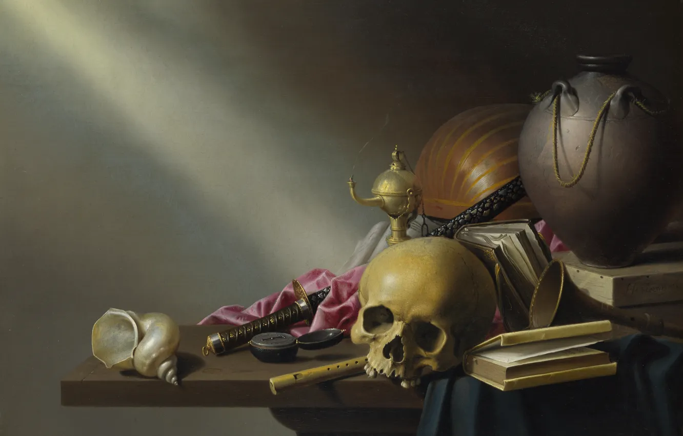 Photo wallpaper skull, sword, book, shell, still life