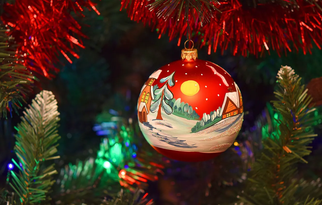 Photo wallpaper decoration, red, holiday, toy, new year, Christmas, ball, tree