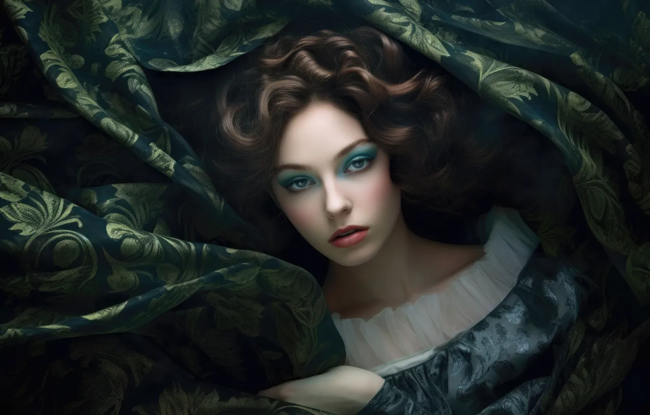 Photo wallpaper look, girl, face, rendering, portrait, dress, art, fabric