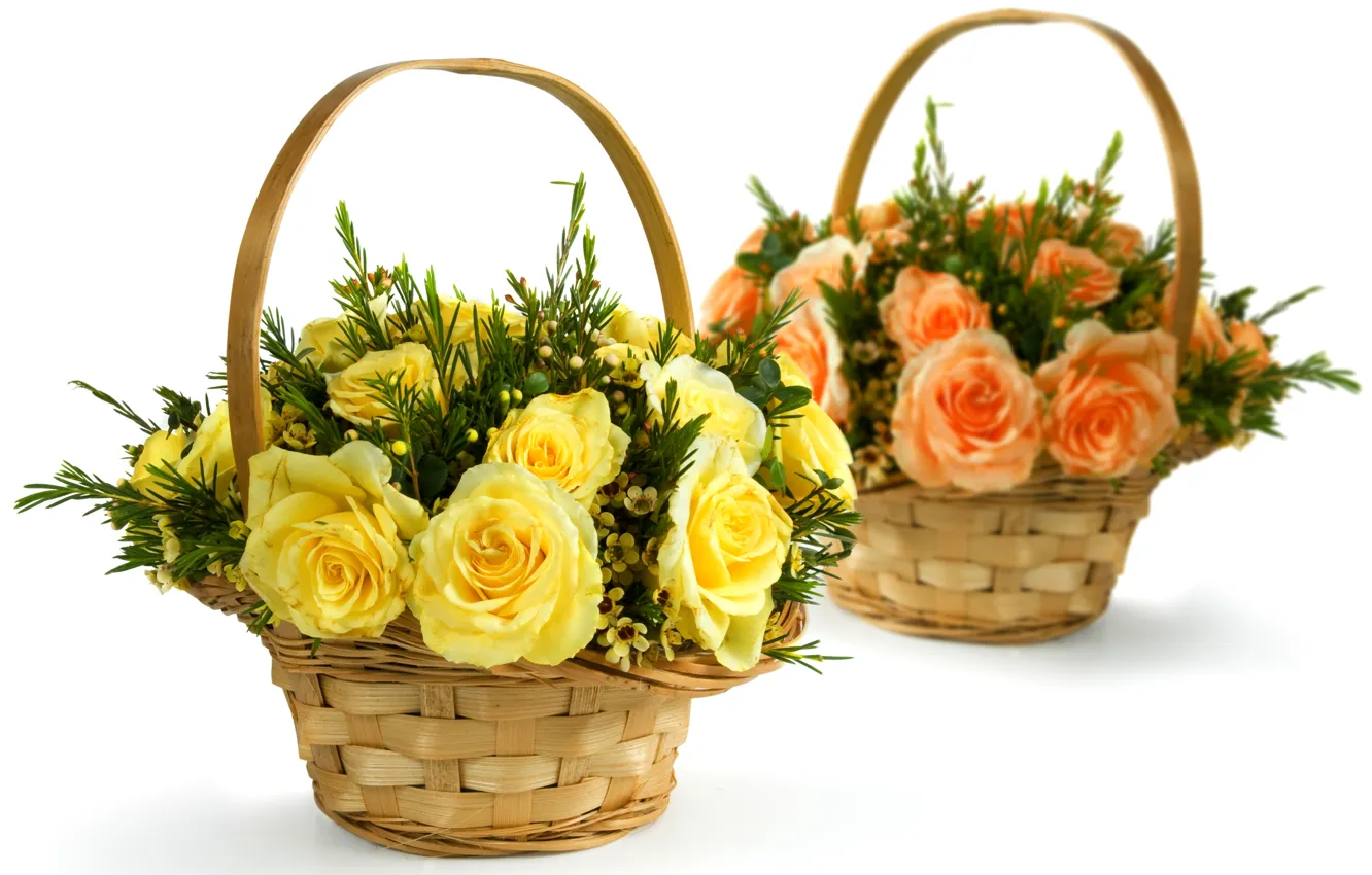Photo wallpaper flowers, yellow, basket, roses, bouquet, white background, pink, basket
