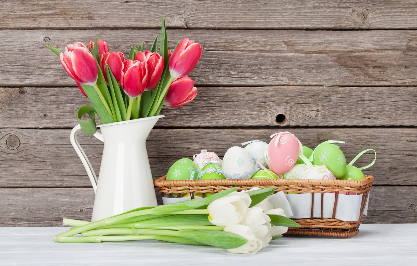 Photo wallpaper flowers, eggs, spring, colorful, Easter, tulips, red, wood