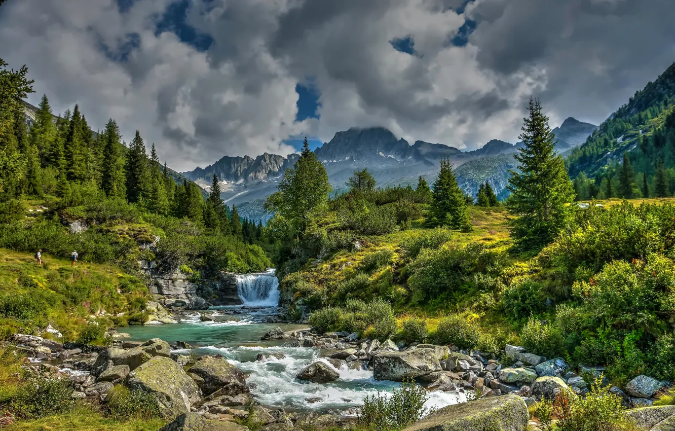 Photo wallpaper trees, mountains, stream, waterfall, valley, Alps, Italy, river