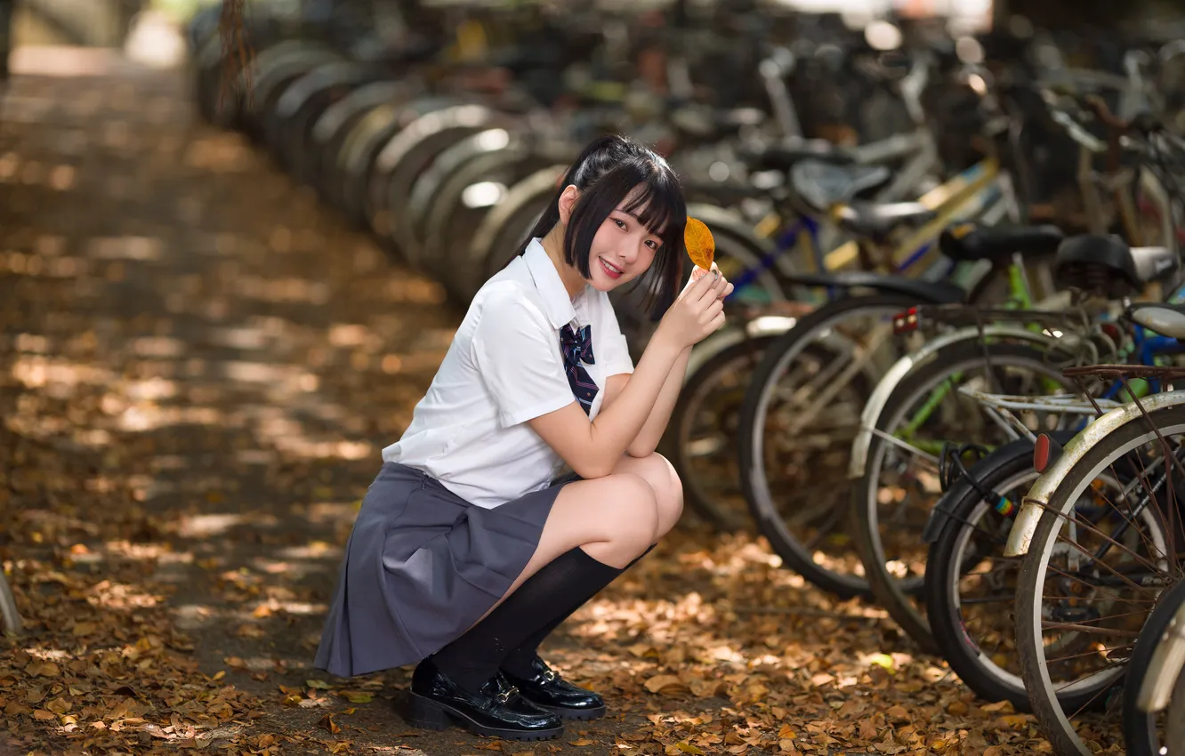 Photo wallpaper bike, skirt, brunette, blouse, Asian, sitting, uniform