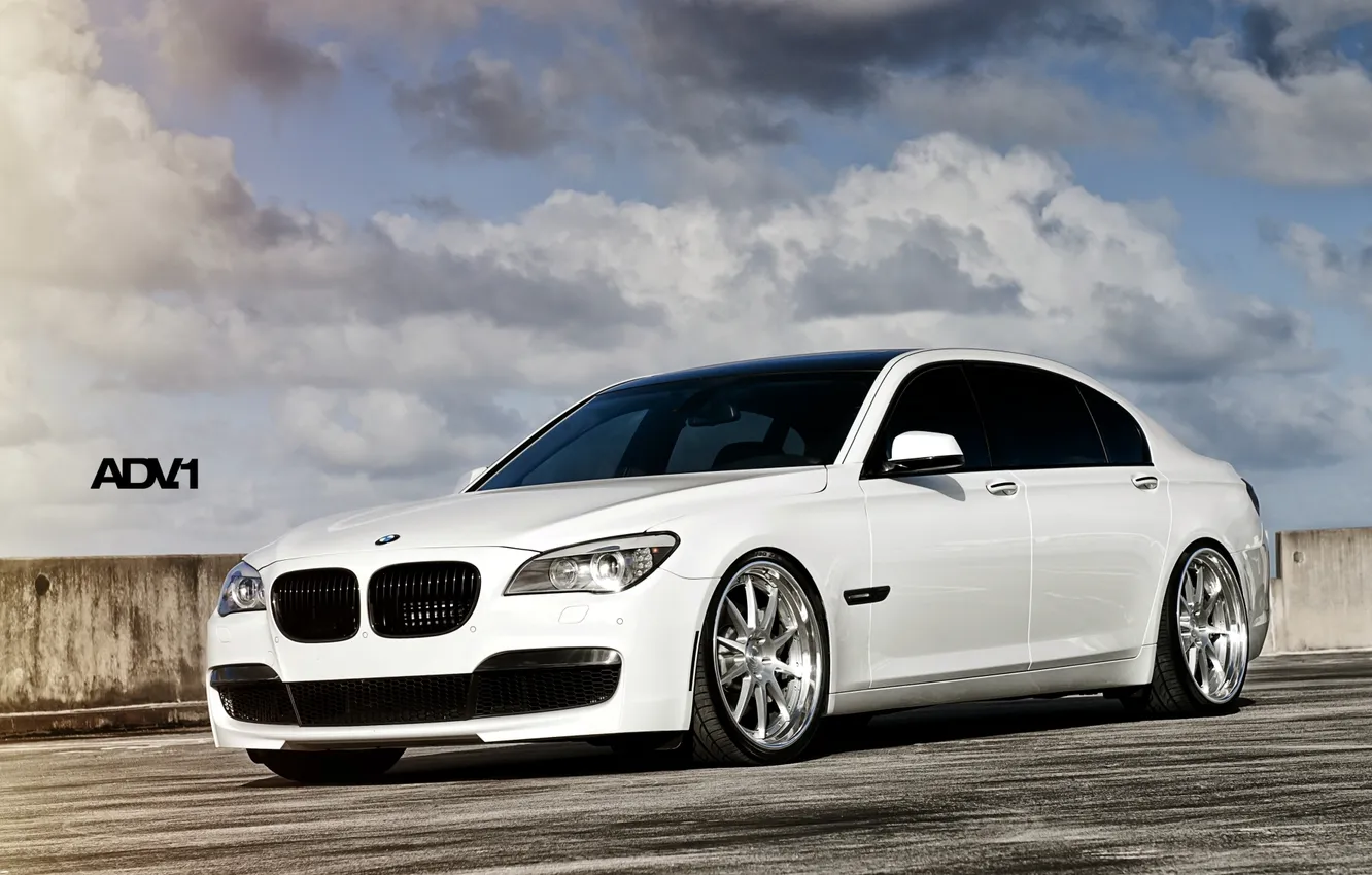 Photo wallpaper white, the sky, clouds, lights, tuning, bmw, BMW, Parking