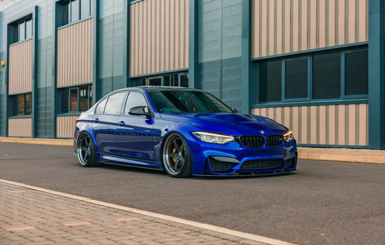 Photo wallpaper BMW, road, blue, bmw m3, building, stance