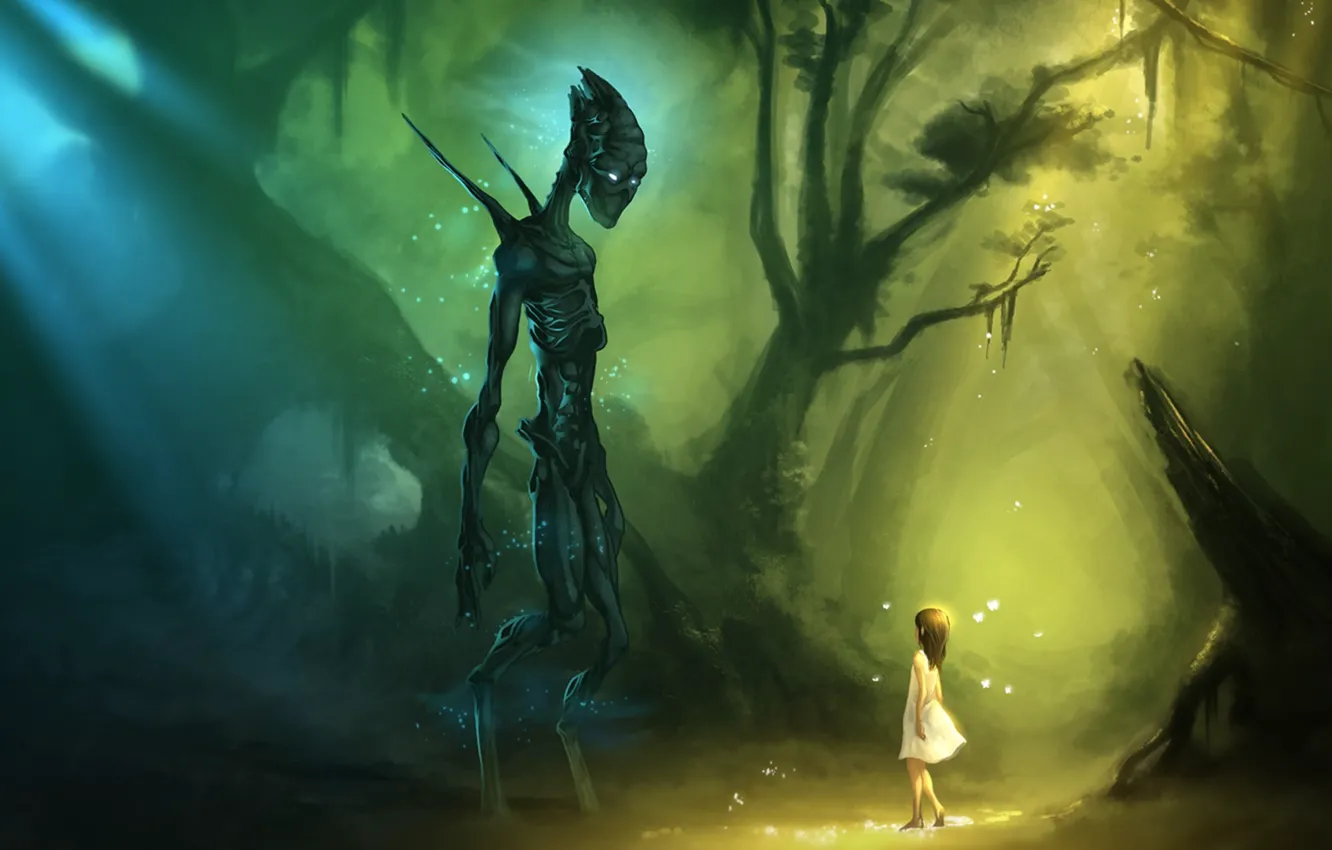 Photo wallpaper forest, trees, girl, monster