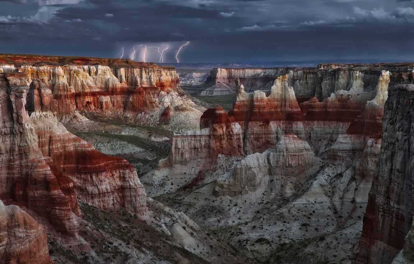 Photo wallpaper the storm, the sky, mountains, clouds, rocks, lightning, the slopes, height