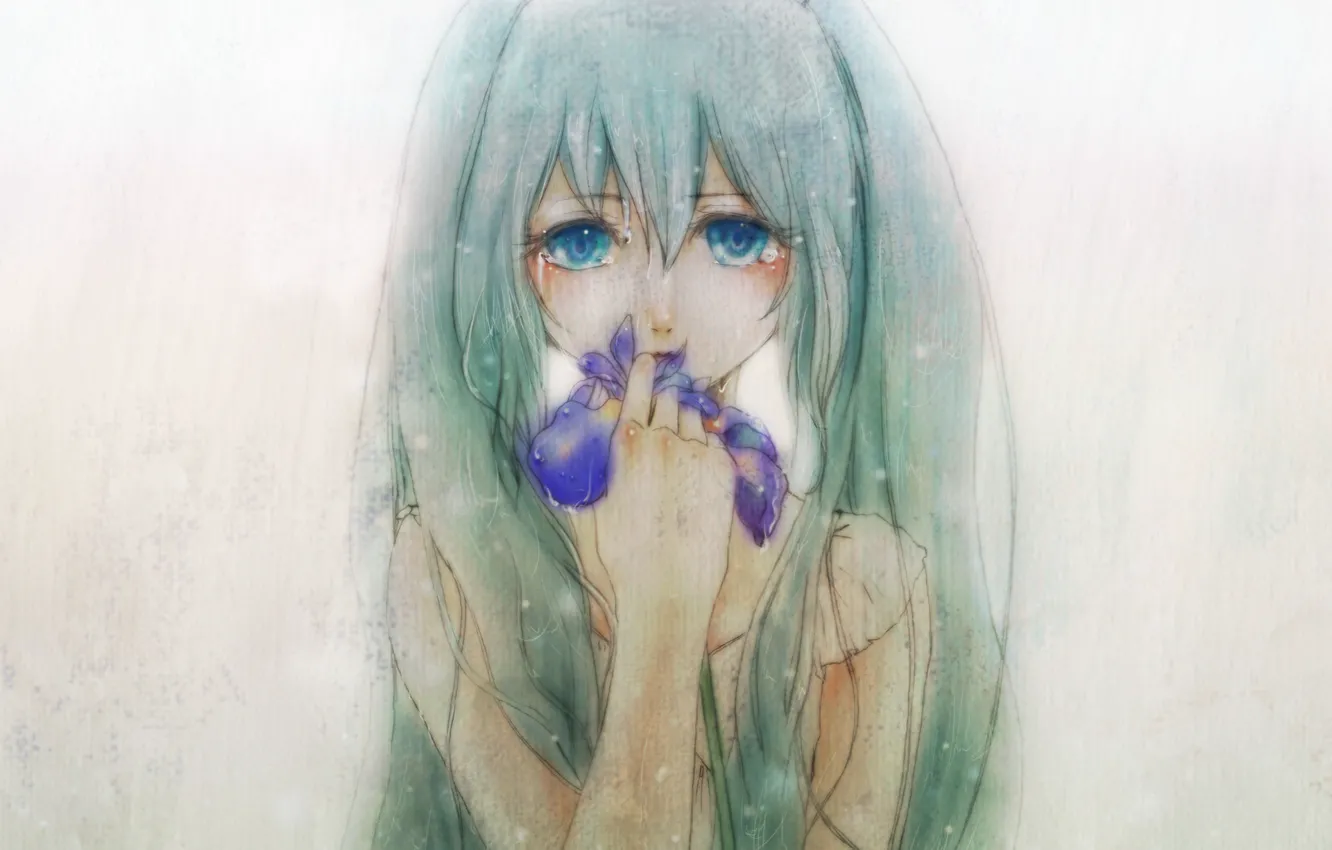 Photo wallpaper tears, blue eyes, grey background, Hatsune Miku, long hair, vokaloid, iris