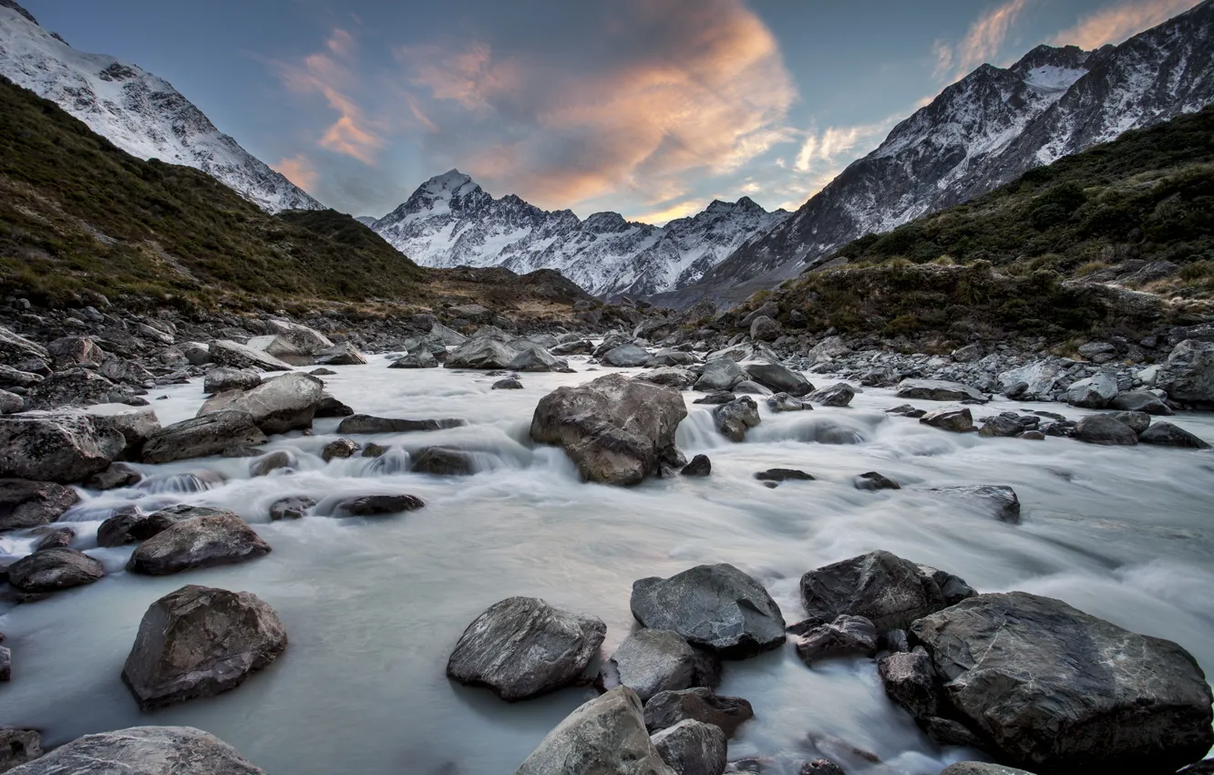 Photo wallpaper mountains, river, stones, New Zealand, New Zealand, Hooker River, Mount Cook National Park