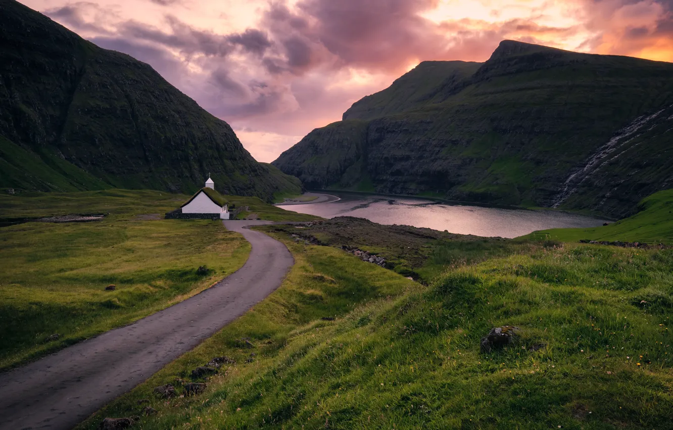 Photo wallpaper road, field, sunset, mountains, hills, shore, Church, chapel