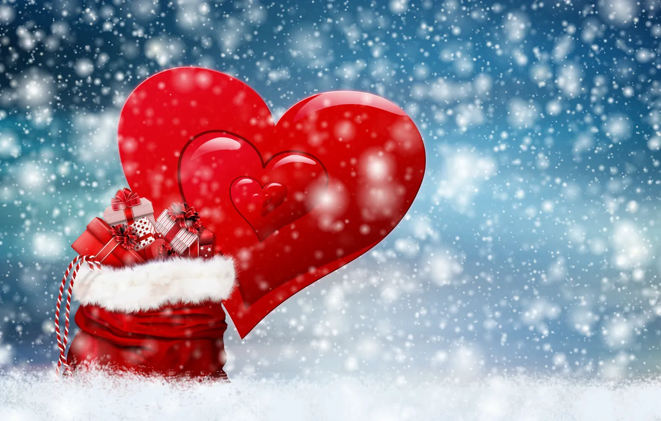 Photo wallpaper snow, heart, Christmas, gifts, bag