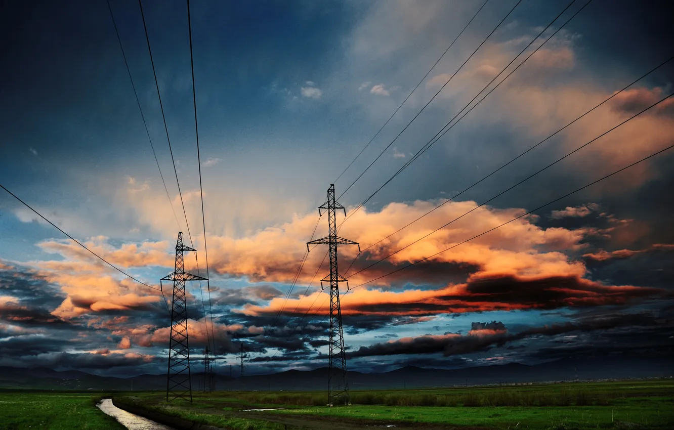 Photo wallpaper road, field, the sky, grass, clouds, landscape, sunset, nature