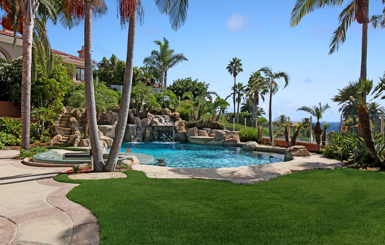 Photo wallpaper nature, Park, palm trees, lawn, pool