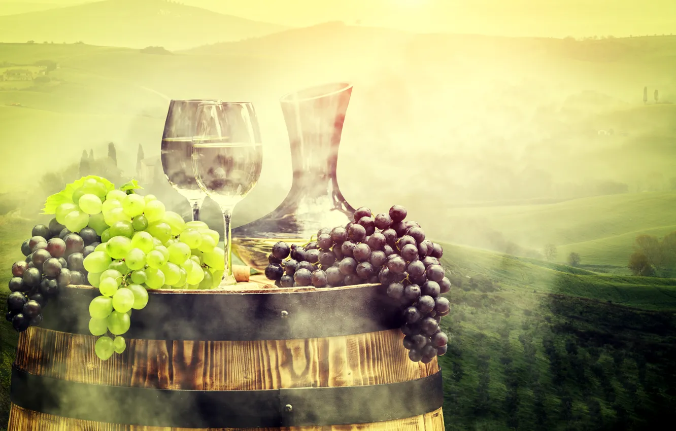 Photo wallpaper field, landscape, fog, glass, meadow, grapes, pitcher, barrel